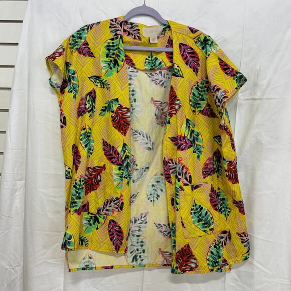 SIGAL Leaf Print Short Sleeve Open Front Kimono Blouse Top Yellow Women One Size - Picture 1 of 3